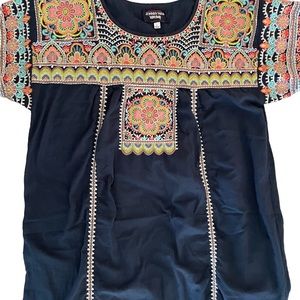 Johnny Was Tamia Peasant Tunic Dress Embroidered Multi Navy Blue Large